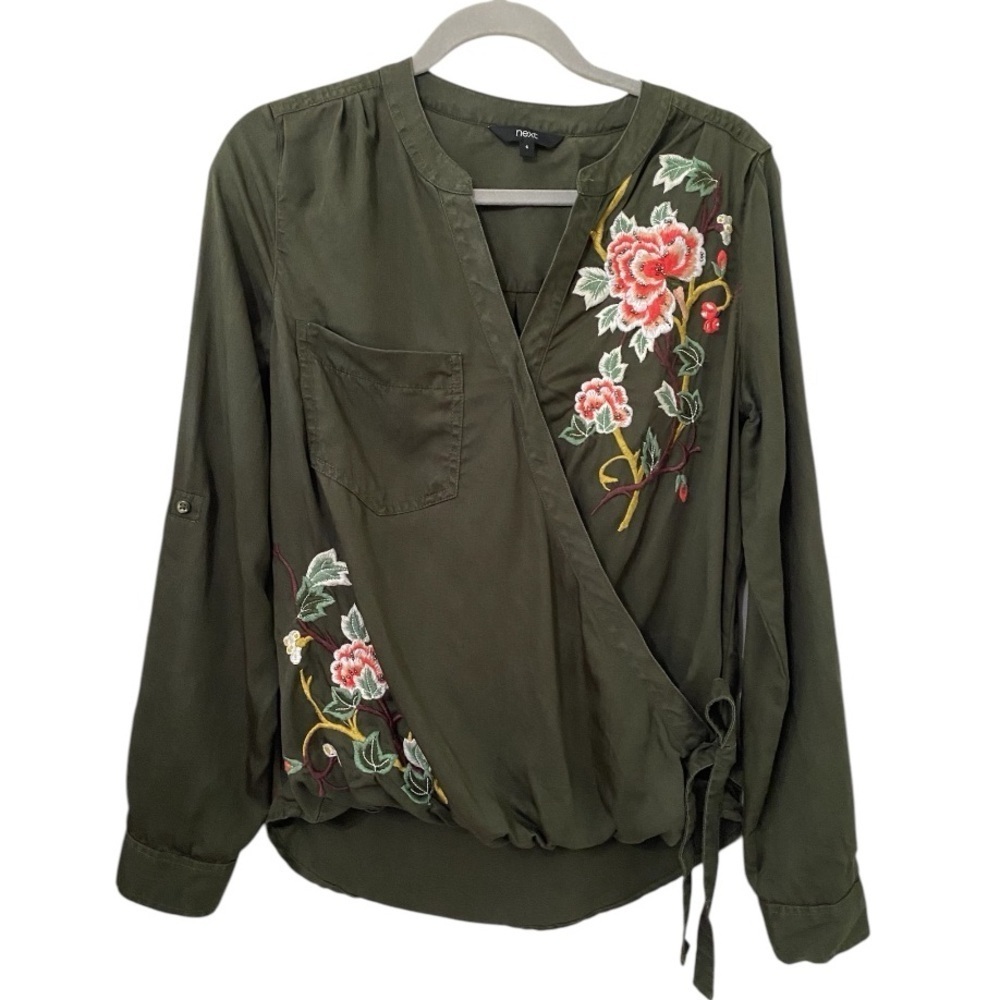 NEXT Olive Green Faux Wrap Blouse with Floral Embroidery